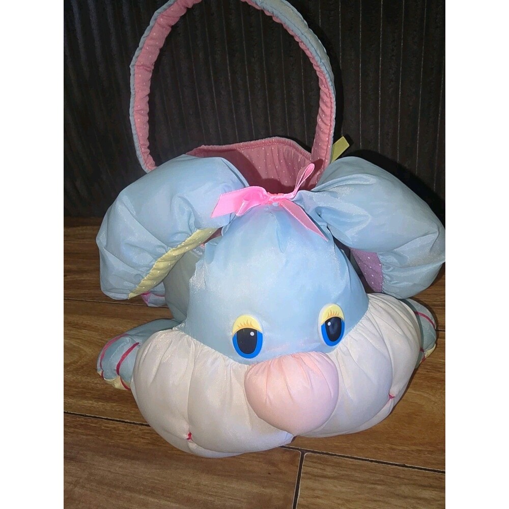 Vintage 1980 Plush Bunny Easter Basket w/ Handle, Blue & Pink, Medium